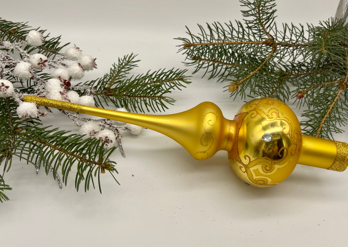Gold Christmas glass tree topper with gold glitter, Christmas finial