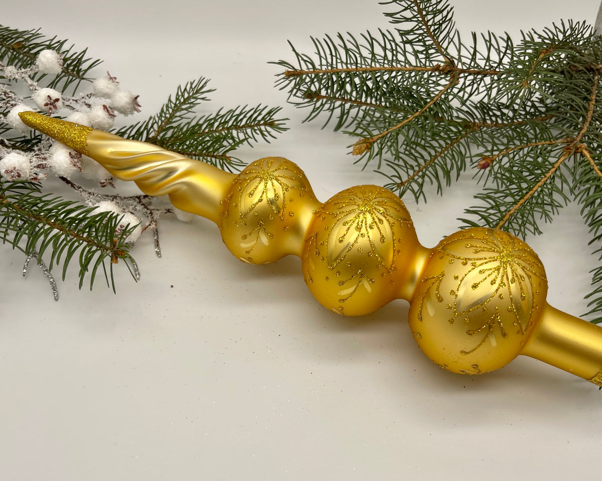 Big gold with gold glitter Christmas glass tree topper, XMAS finial