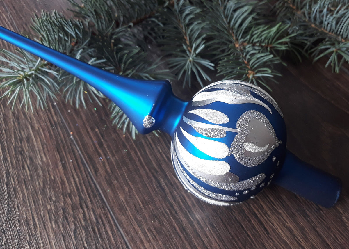 Blue Christmas glass tree topper with silver leaves, handemade XMAS