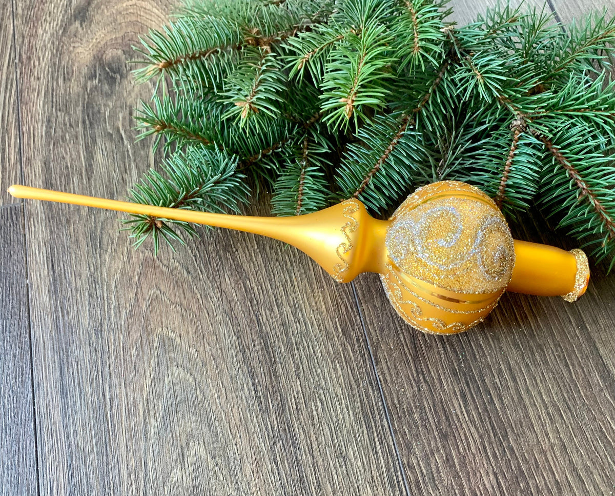 Big gold Christmas glass tree topper with silver glitter, vintage top