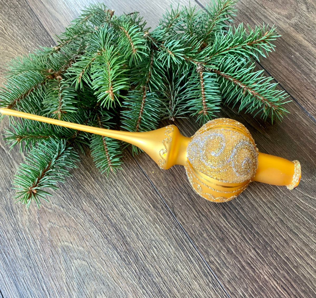 Big gold Christmas glass tree topper with silver glitter, vintage top