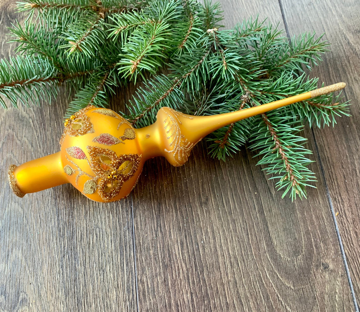 Big gold Chrismas glass tree topper with glitter, handmade ornaments