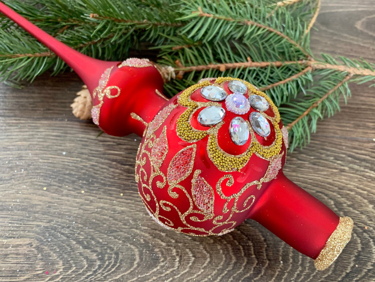 Big Red Glass Christmas Tree Topper with gold glitter, XMAS tree top