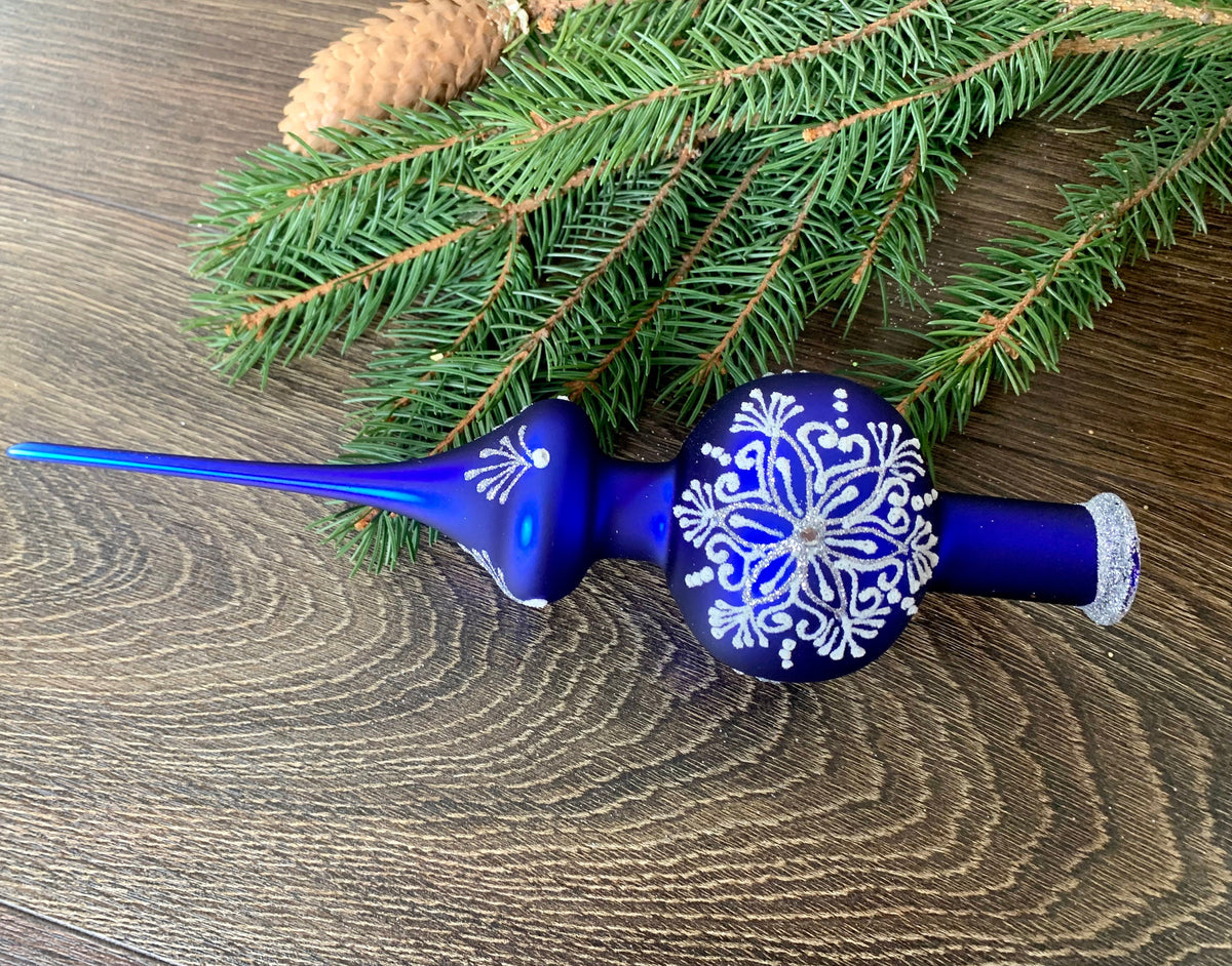 Blue Christmas glass tree topper with snoflake, vintage XMAS finial ChristmasboxStore