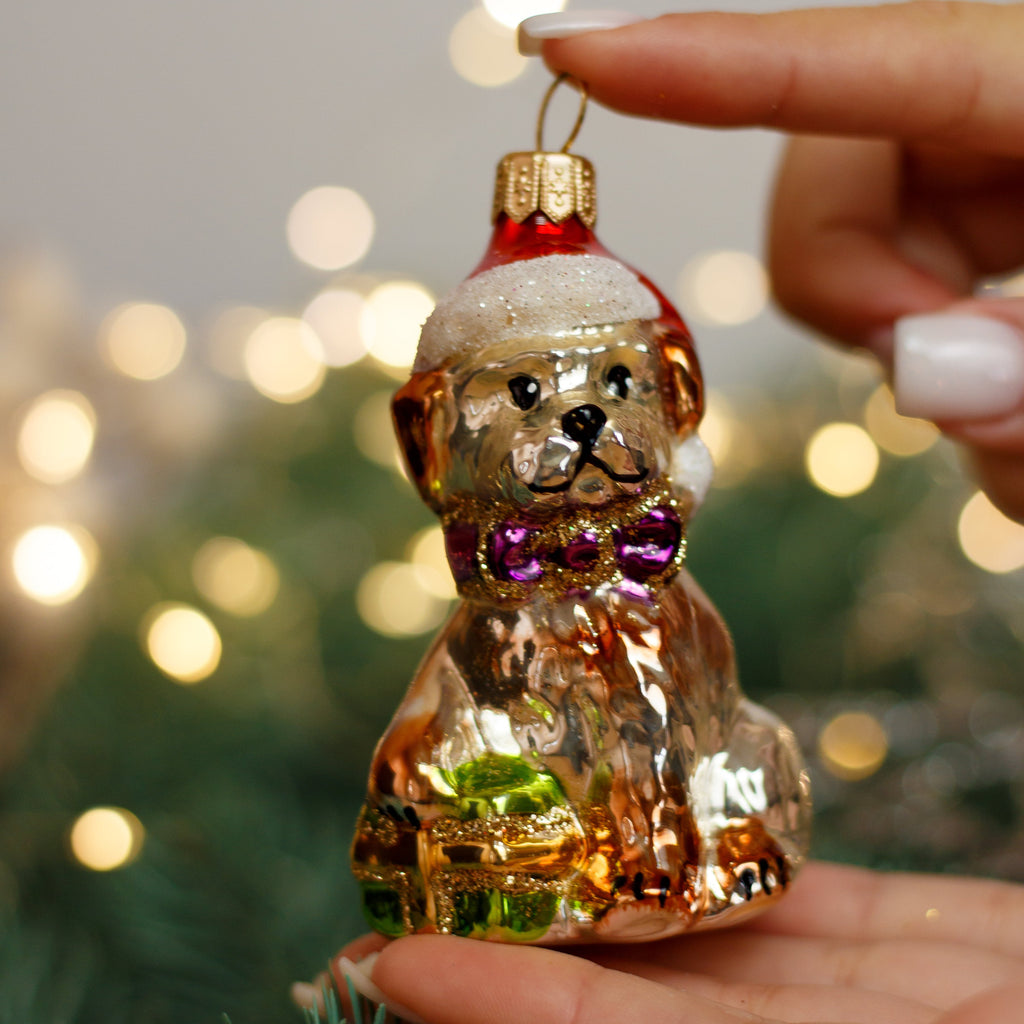 Holiday Puppy in Santa Hat Christmas glass ornament, Handmade Christmas figurines, Collectible Christmas decor, home decoration, Christmas gift 2025