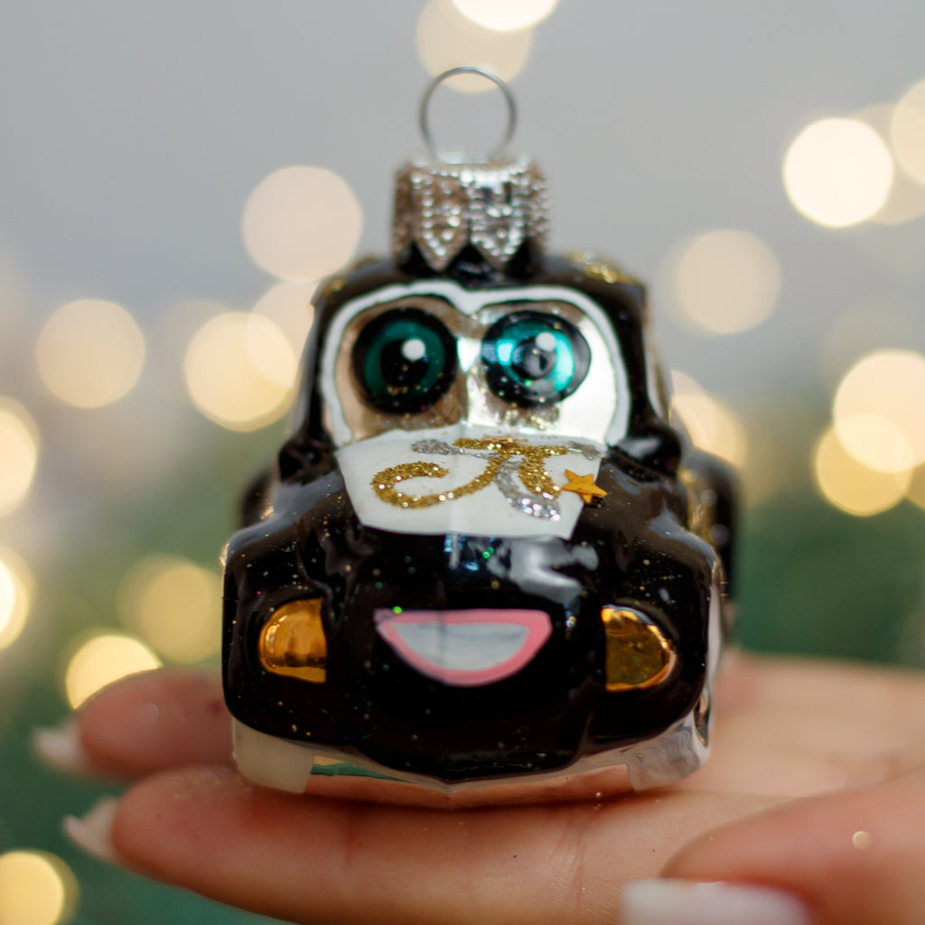 Black Cartoon Car Christmas glass ornament, Handmade Christmas figurines, Collectible Christmas decor, home decoration, Christmas gift 2025 