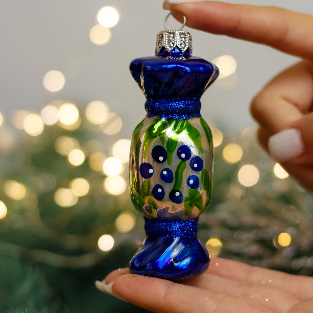 Handcrafted Silver and Blue Candy with berries Christmas glass ornament, Handmade Christmas figurines, Collectible Christmas decor, home decoration, Christmas gift 2025