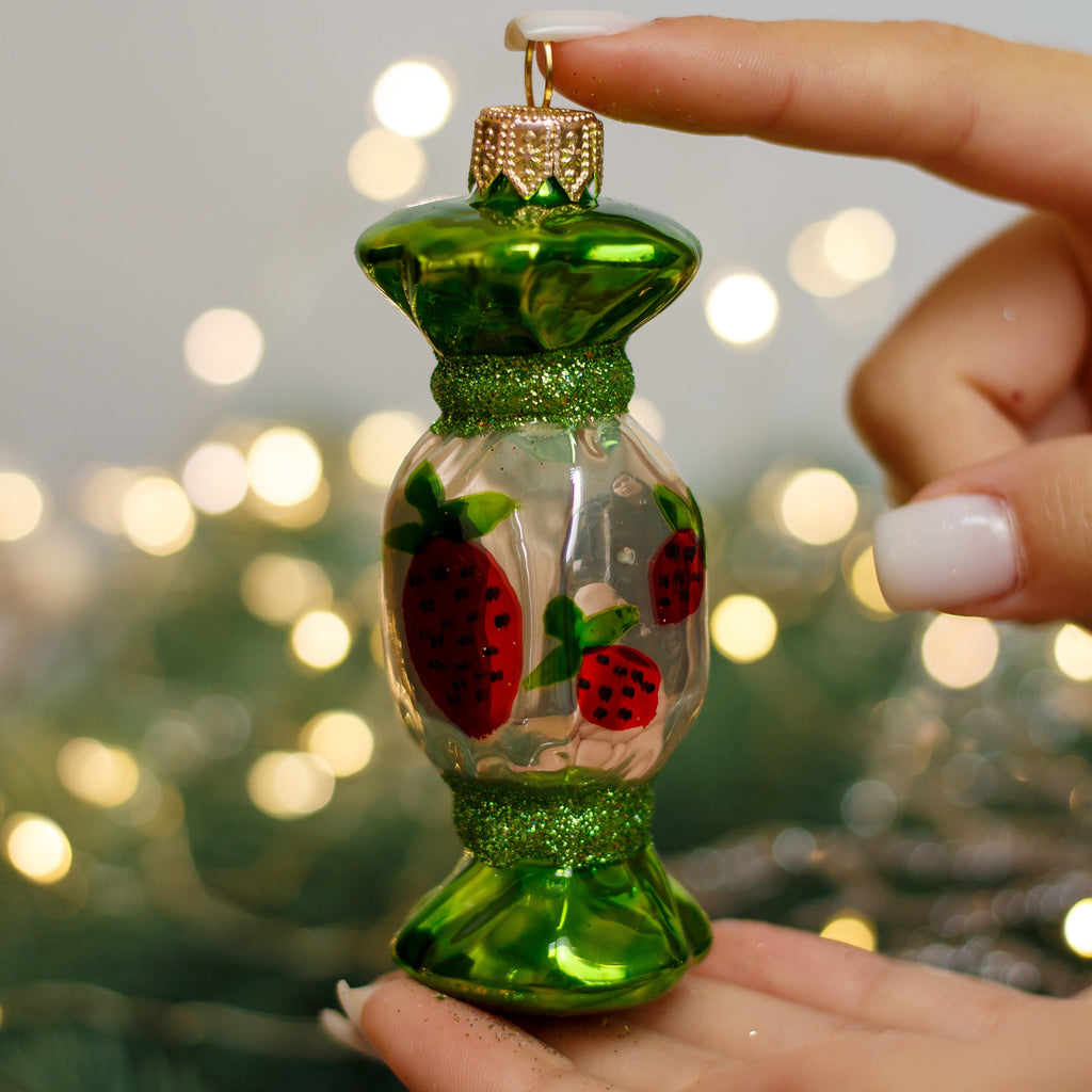 Handcrafted Silver and Green Candy with berries Christmas glass ornament, Handmade Christmas figurines, Collectible Christmas decor, home decoration, Christmas gift 2025