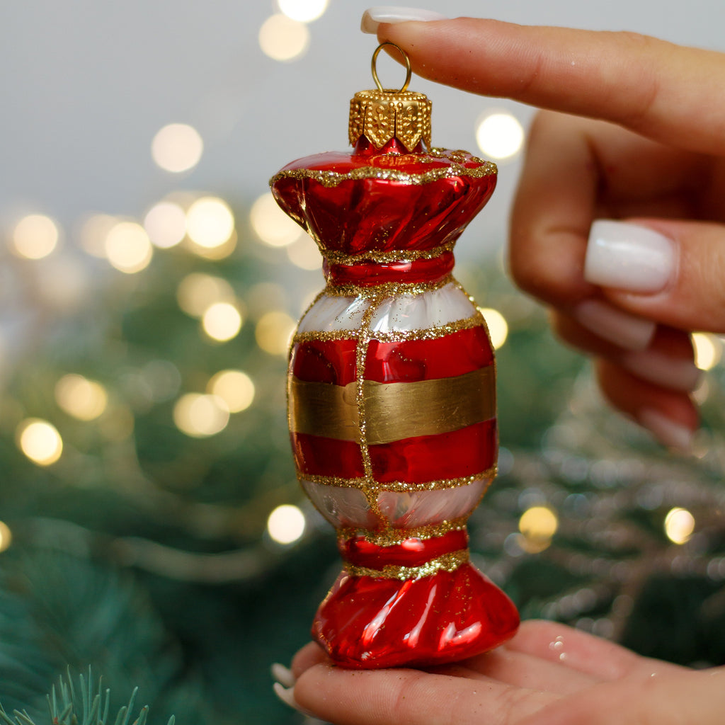Handcrafted Red, Gold and White Candy Christmas glass ornament, Handmade Christmas figurines, Collectible Christmas decor, home decoration, Christmas gift 2025