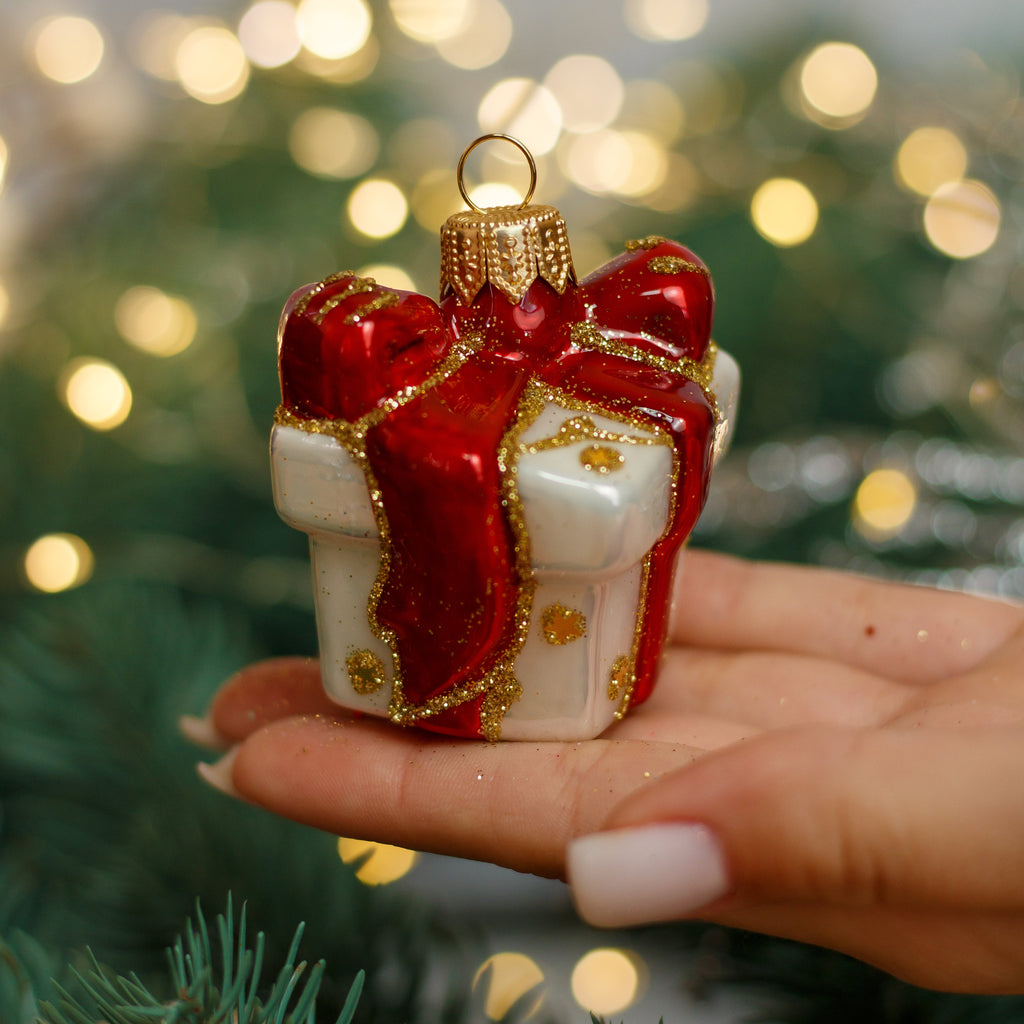 White & Red Gift Box glitter design Christmas glass ornament, Handmade Christmas figurines, Collectible Christmas decor, home decoration, Christmas gift 2025
