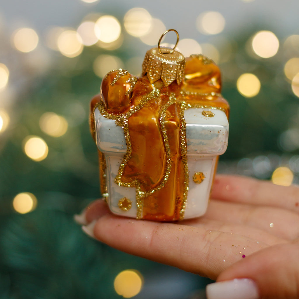 White & Orange Gift Box glitter design Christmas glass ornament, Handmade Christmas figurines, Collectible Christmas decor, home decoration, Christmas gift 2025