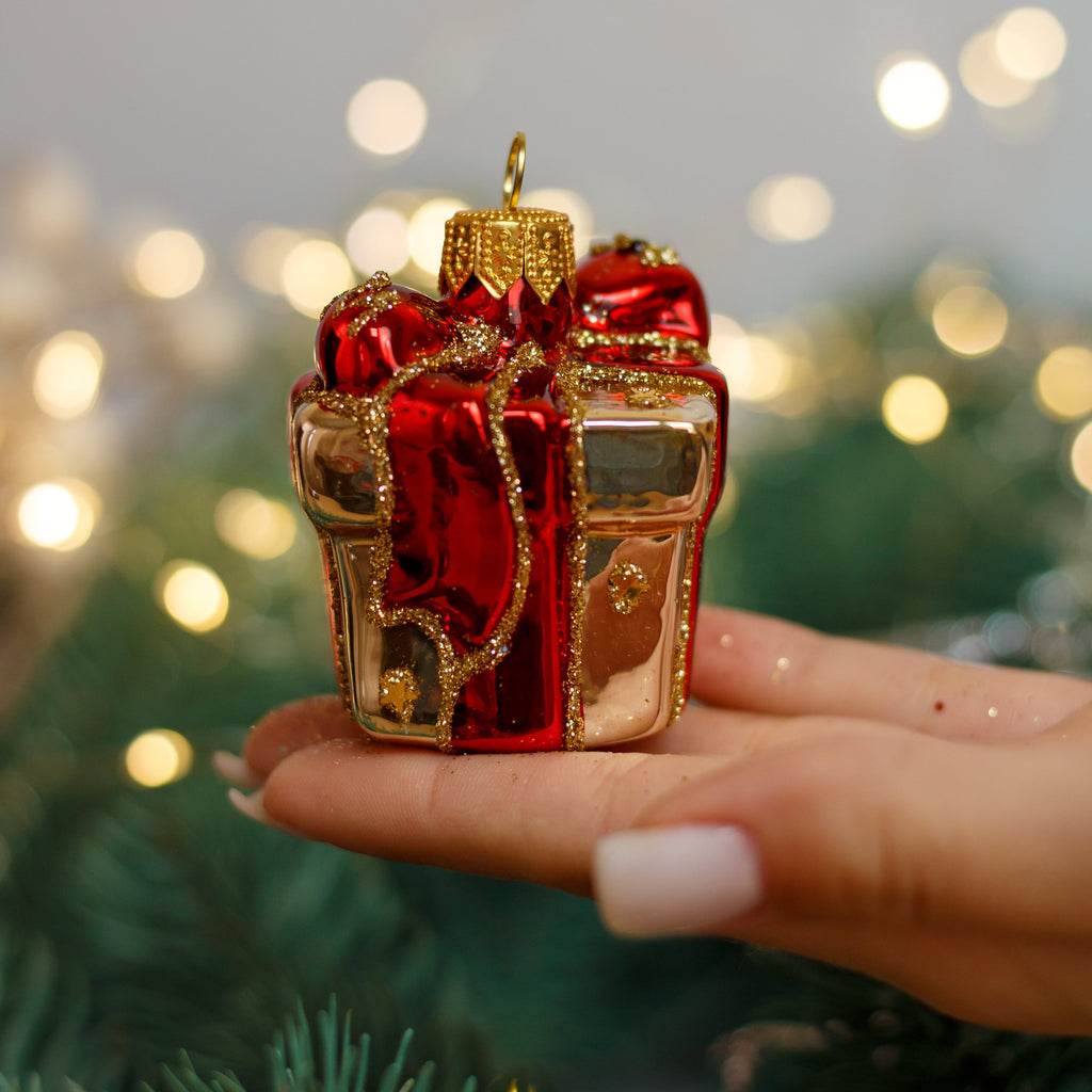 Gold & Red Gift Box glitter design Christmas glass ornament, Handmade Christmas figurines, Collectible Christmas decor, home decoration, Christmas gift 2025