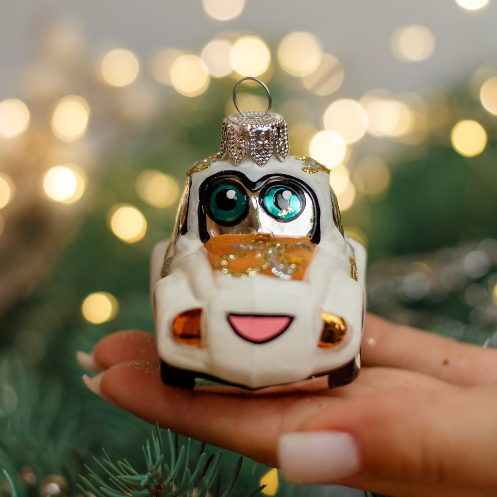 White Cartoon Car Christmas glass ornament, Handmade Christmas figurines, Collectible Christmas decor, home decoration, Christmas gift 2025 
