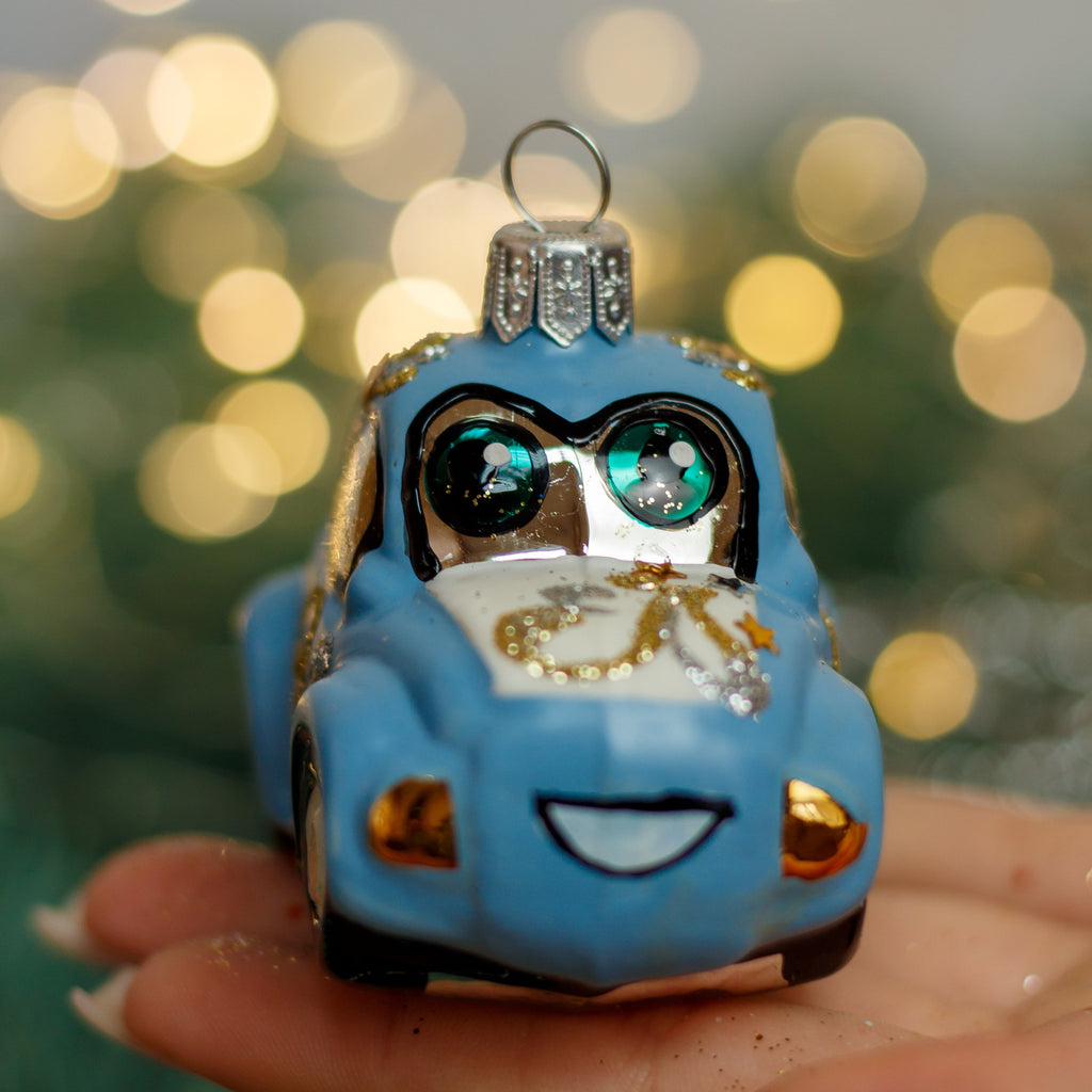Blue Cartoon Car Christmas glass ornament, Handmade Christmas figurines, Collectible Christmas decor, home decoration, Christmas gift 2025