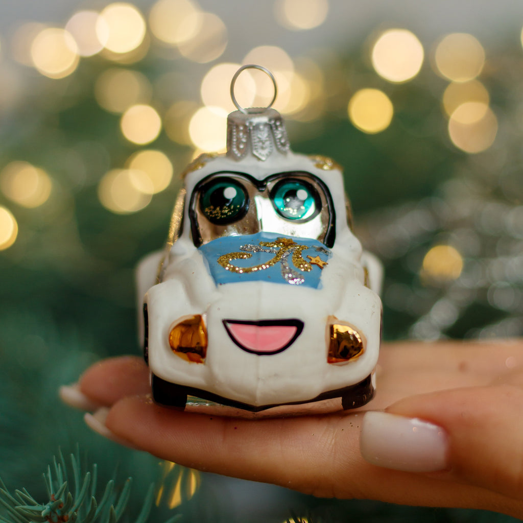White Cartoon Car Christmas glass ornament, Handmade Christmas figurines, Collectible Christmas decor, home decoration, Christmas gift 2025 