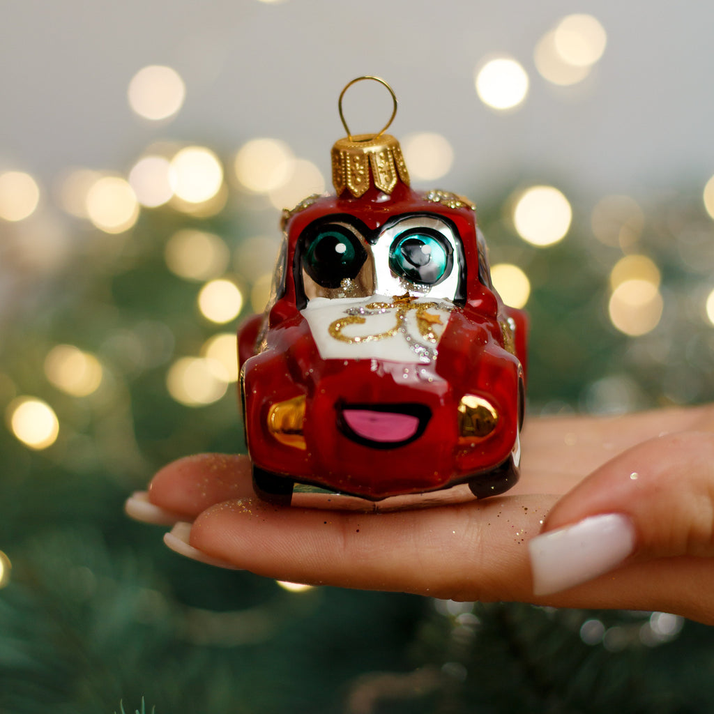 Red Cartoon Car Christmas glass ornament, Handmade Christmas figurines, Collectible Christmas decor, home decoration, Christmas gift 2025 