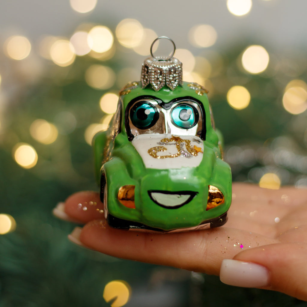 Green Cartoon Car Christmas glass ornament, Handmade Christmas figurines, Collectible Christmas decor, home decoration, Christmas gift 2025