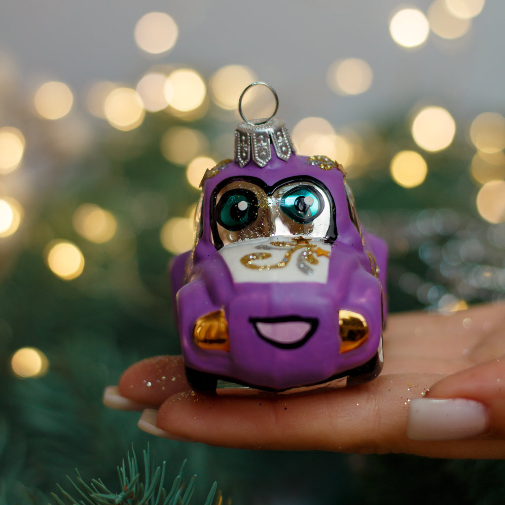 Purple Cartoon Car Christmas glass ornament, Handmade Christmas figurines, Collectible Christmas decor, home decoration, Christmas gift 2025 