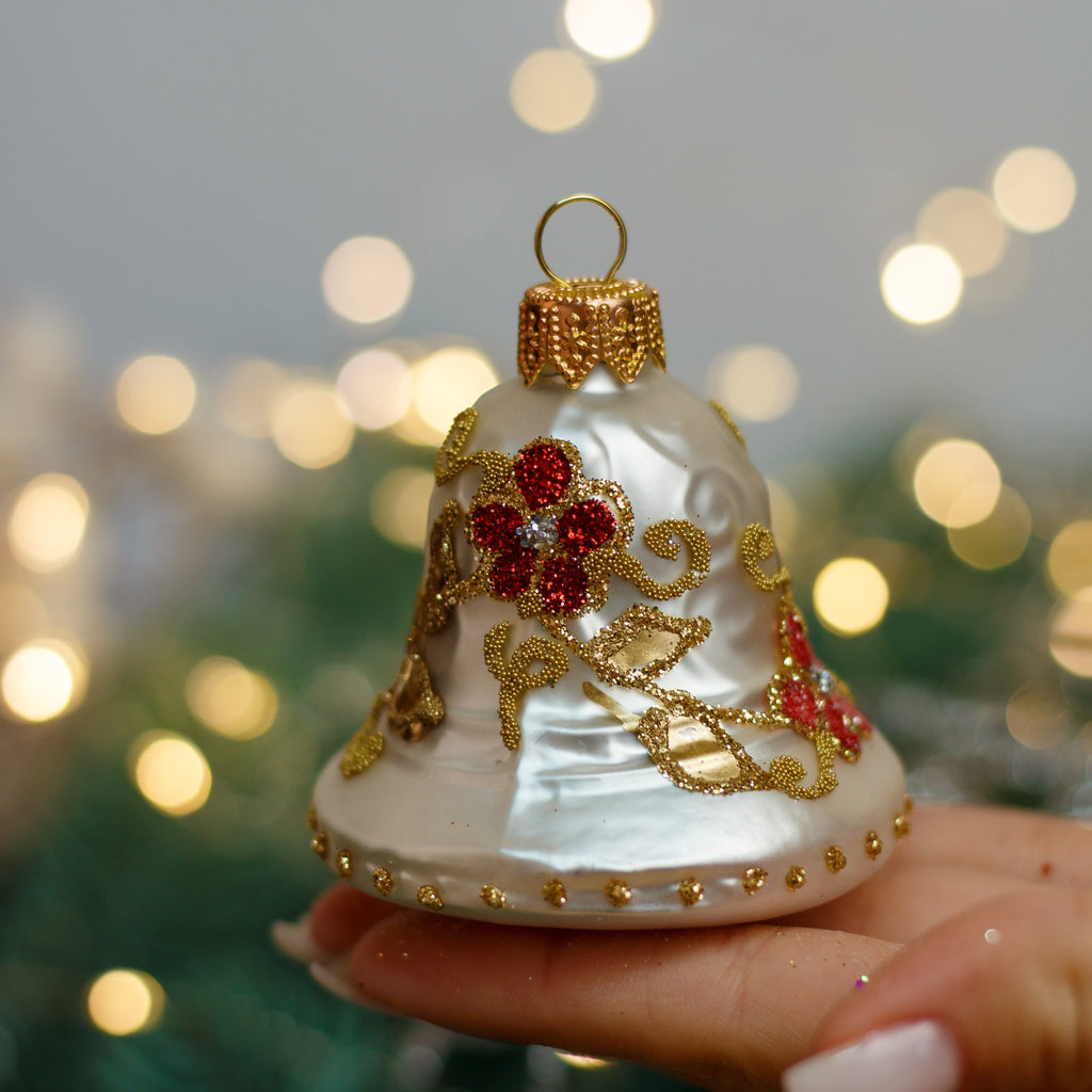 White with flowers Holiday Bell Christmas glass ornament, Handmade Christmas figurines, Collectible Christmas decor, home decoration, Christmas gift 2025