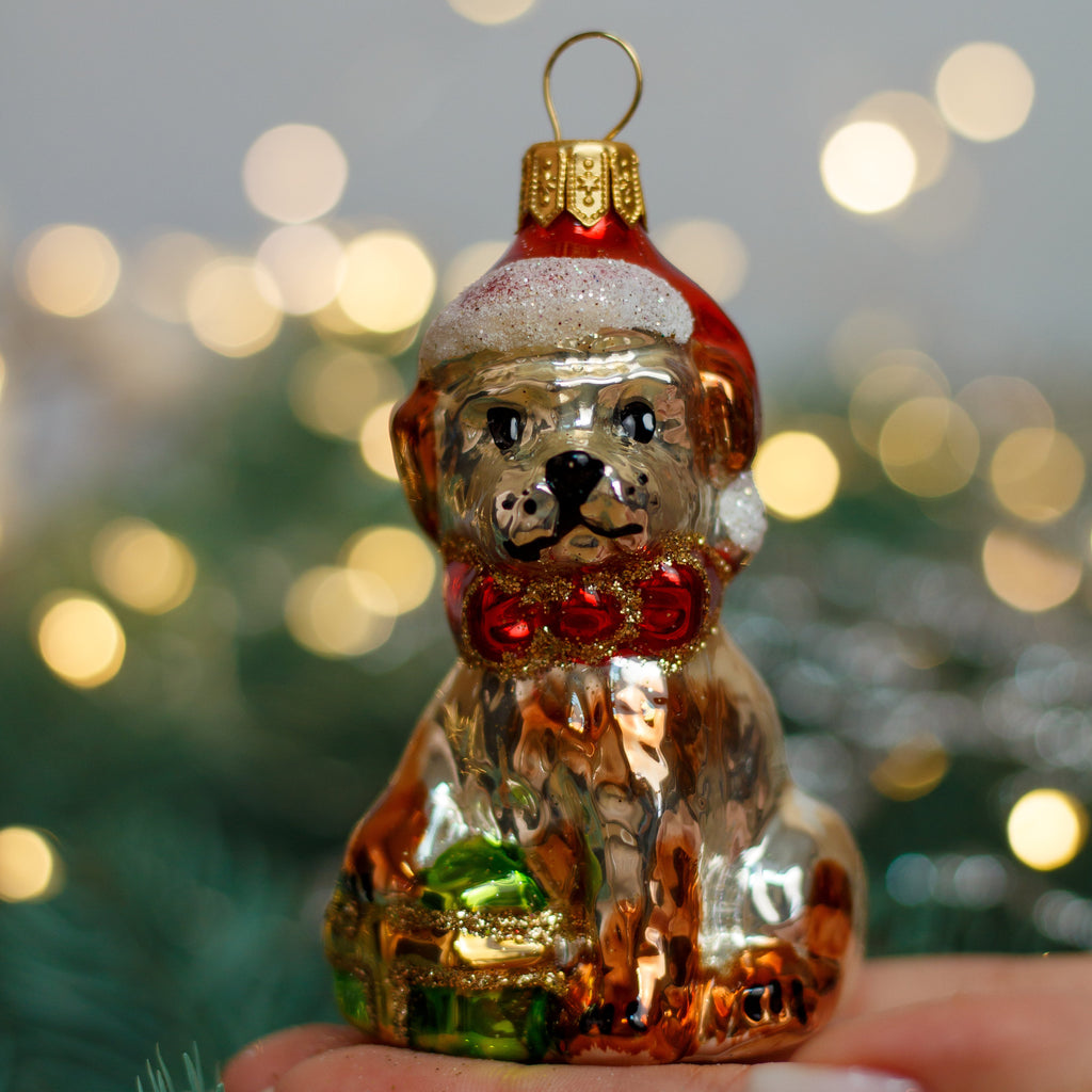 Holiday Puppy in Santa Hat Christmas glass ornament, Handmade Christmas figurines, Collectible Christmas decor, home decoration, Christmas gift 2025