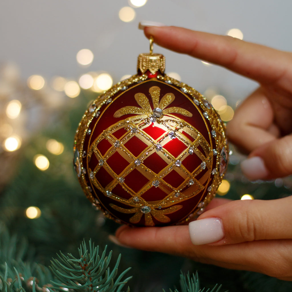 Red with gold glitter design Christmas glass ornament, Handmade Christmas ball, Collectible Christmas decor, home decoration, Christmas gift 2025 