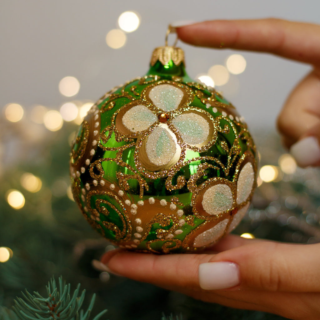Green with gold glitter design Christmas glass ornament, Handmade Christmas ball, Collectible Christmas decor, home decoration, Christmas gift 2025 (Copy)