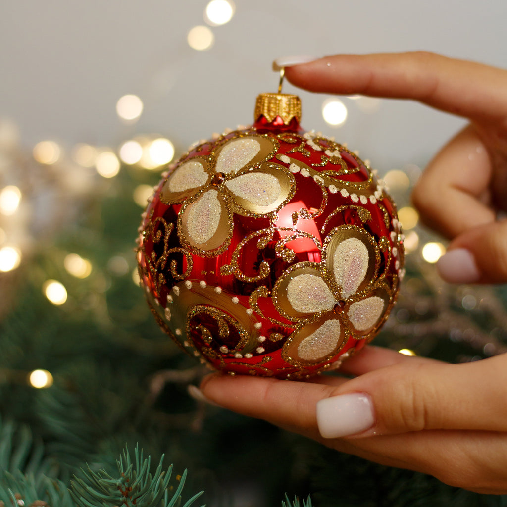 Red with gold glitter design Christmas glass ornament, Handmade Christmas ball, Collectible Christmas decor, home decoration, Christmas gift 2025
