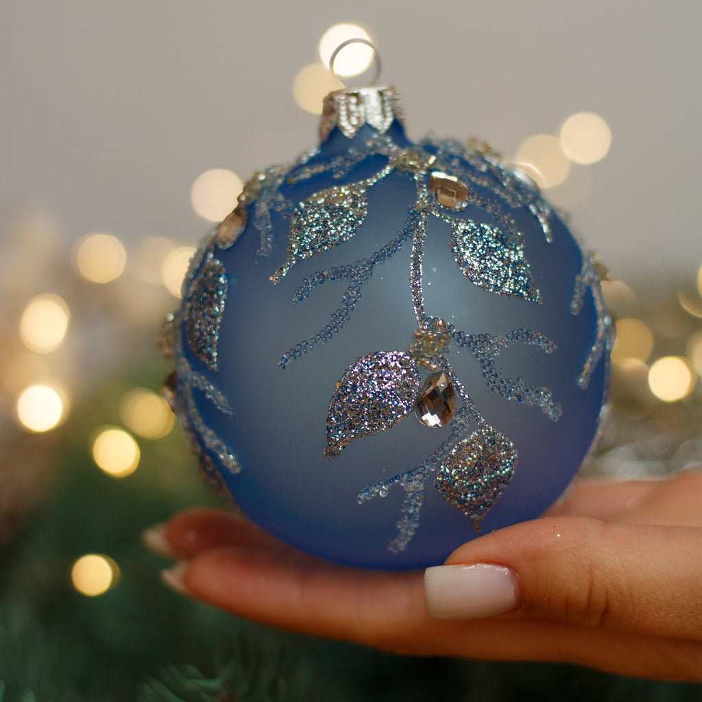 Blue with silver glitter design Christmas glass ornament, Handmade Christmas ball, Collectible Christmas decor, home decoration, Christmas gift 2025