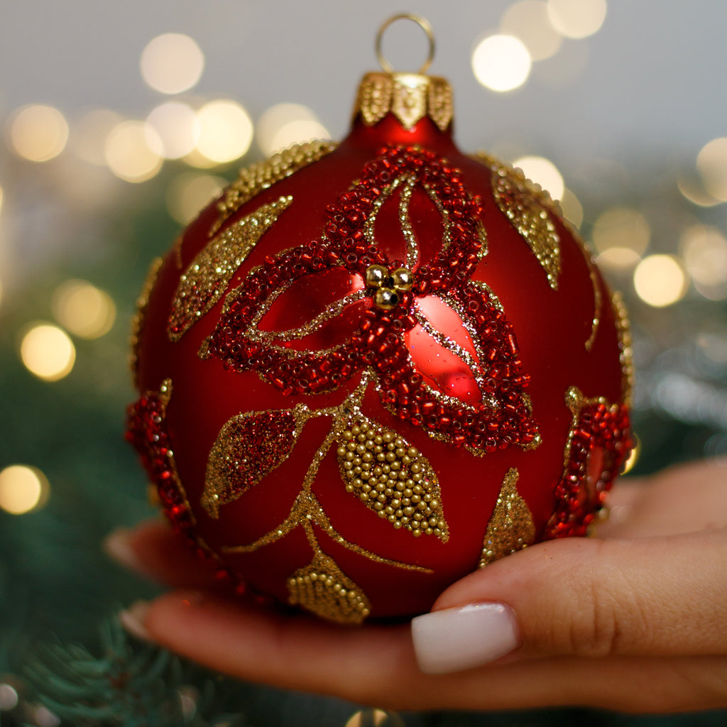 Red with glitter design Christmas glass ornament, Handmade Christmas ball, Collectible Christmas decor, home decoration, Christmas gift 2025