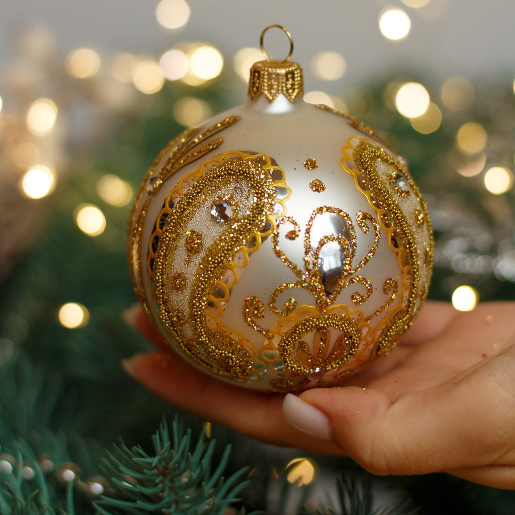 White with gold glitter design Christmas glass ornament, Handmade Christmas ball, Collectible Christmas decor, home decoration, Christmas gift 2025