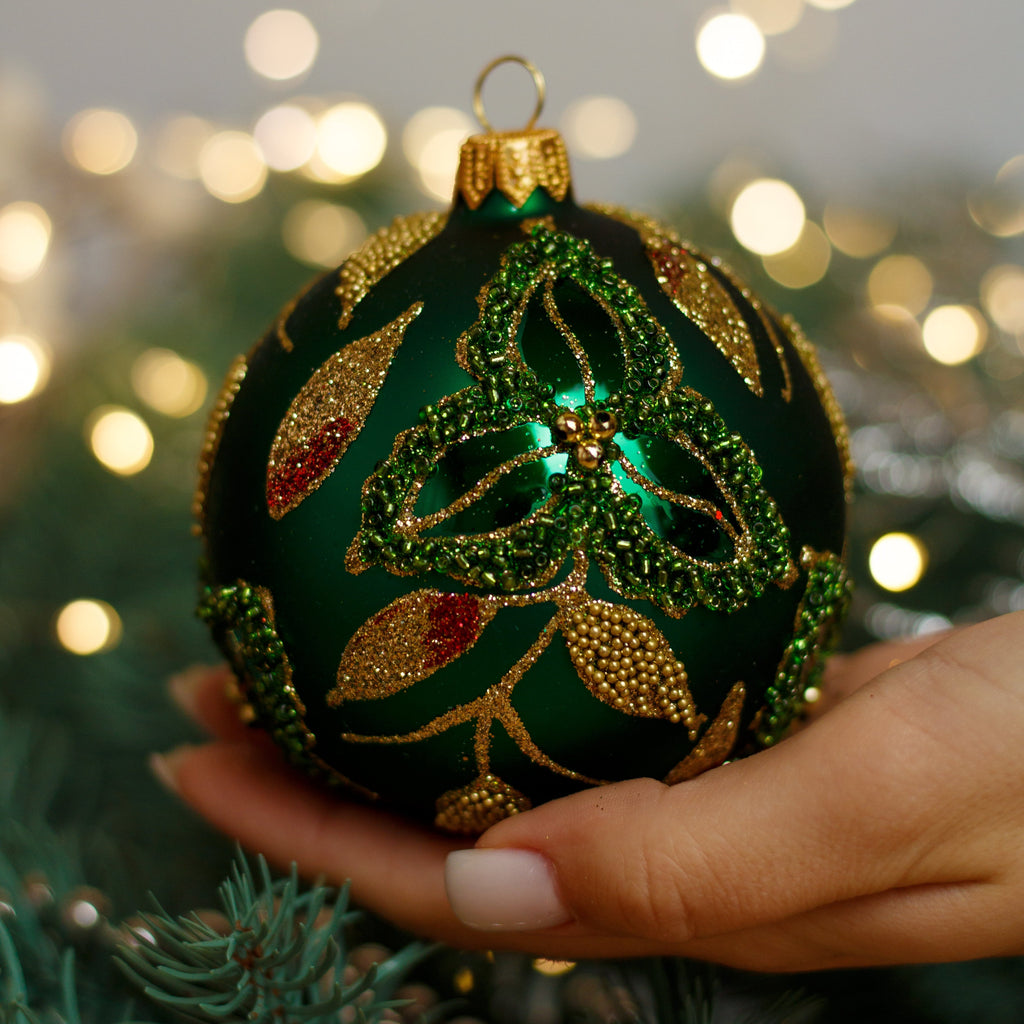 Green with gold and green glitter design Christmas glass ornament, Handmade Christmas ball, Collectible Christmas decor, home decoration, Christmas gift 2025