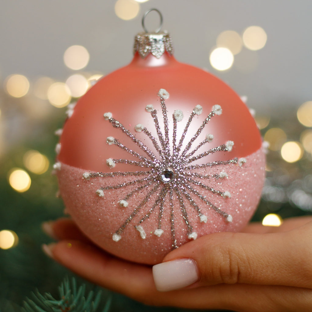 Pink with sparkling glitter design Christmas glass ornament, Handmade Christmas ball, Collectible Christmas decor, home decoration, Christmas gift 2025