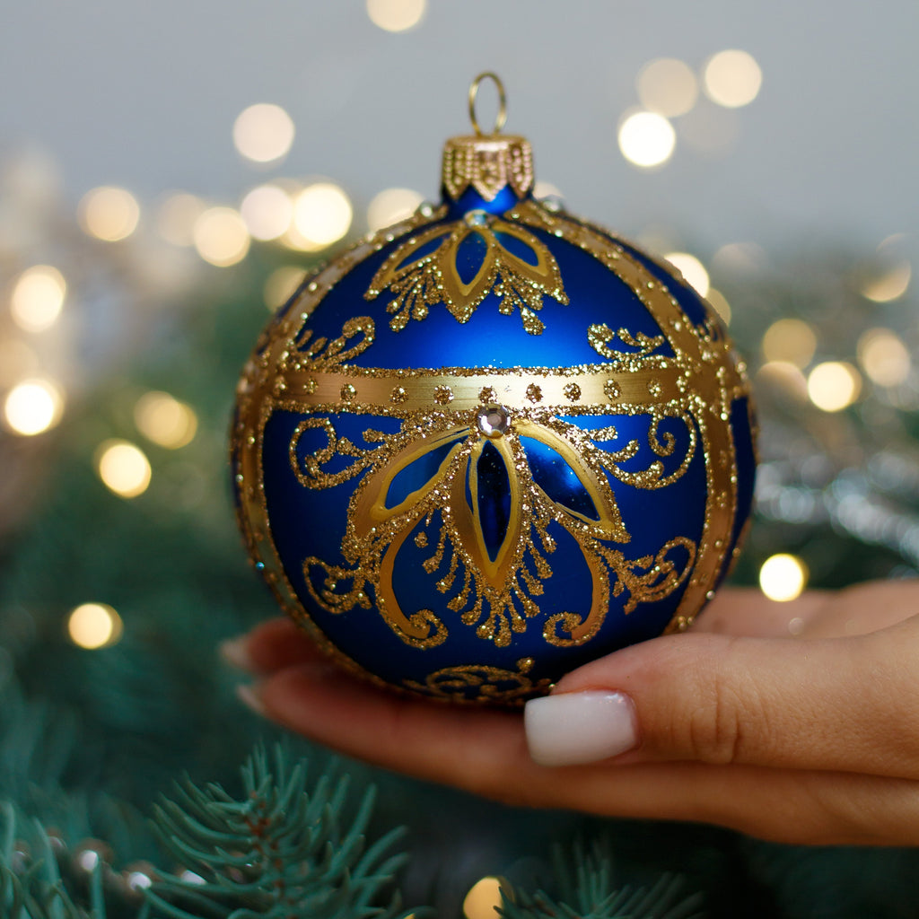 Blue with gold glitter design Christmas glass ornament, Handmade Christmas ball, Collectible Christmas decor, home decoration, Christmas gift 2025