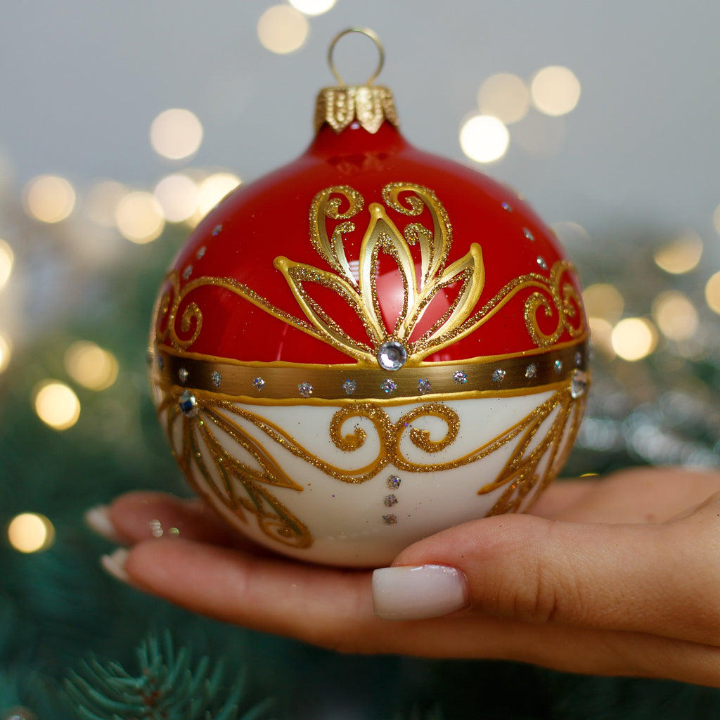 White and red with gold glitter design Christmas glass ornament, Handmade Christmas ball, Collectible Christmas decor, home decoration, Christmas gift 2025 (Copy)