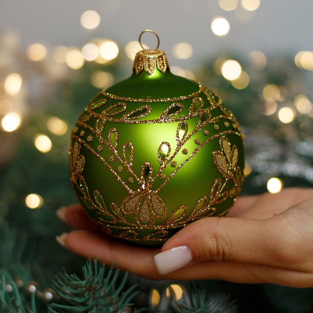 Green with gold glitter design Christmas glass ornament, Handmade Christmas ball, Collectible Christmas decor, home decoration, Christmas gift 2025