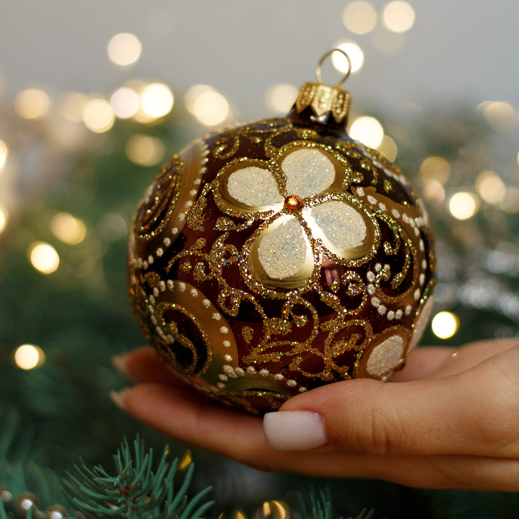 Brown with gold glitter design Christmas glass ornament, Handmade Christmas ball, Collectible Christmas decor, home decoration, Christmas gift 2025