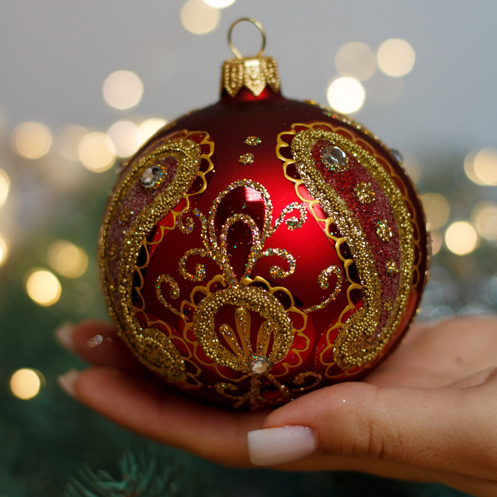 Red with gold glitter design Christmas glass ornament, Handmade Christmas ball, Collectible Christmas decor, home decoration, Christmas gift 2025 (Copy) ChristmasboxStore