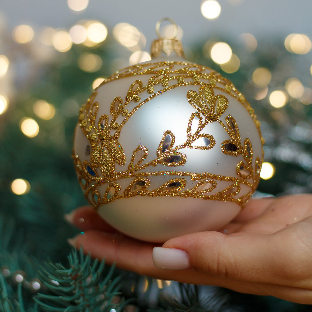 White with gold glitter design Christmas glass ornament, Handmade Christmas ball, Collectible Christmas decor, home decoration, Christmas gift 2025