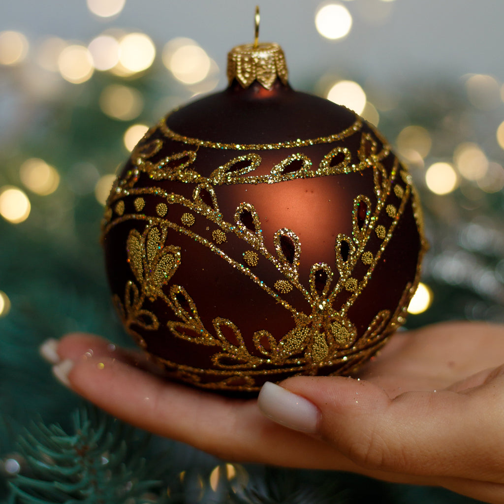 Brown with gold glitter design Christmas glass ornament, Handmade Christmas ball, Collectible Christmas decor, home decoration, Christmas gift 2025
