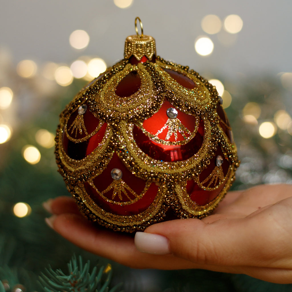 Red with gold glitter design Christmas glass ornament, Handmade Christmas ball, Collectible Christmas decor, home decoration, Christmas gift 2025