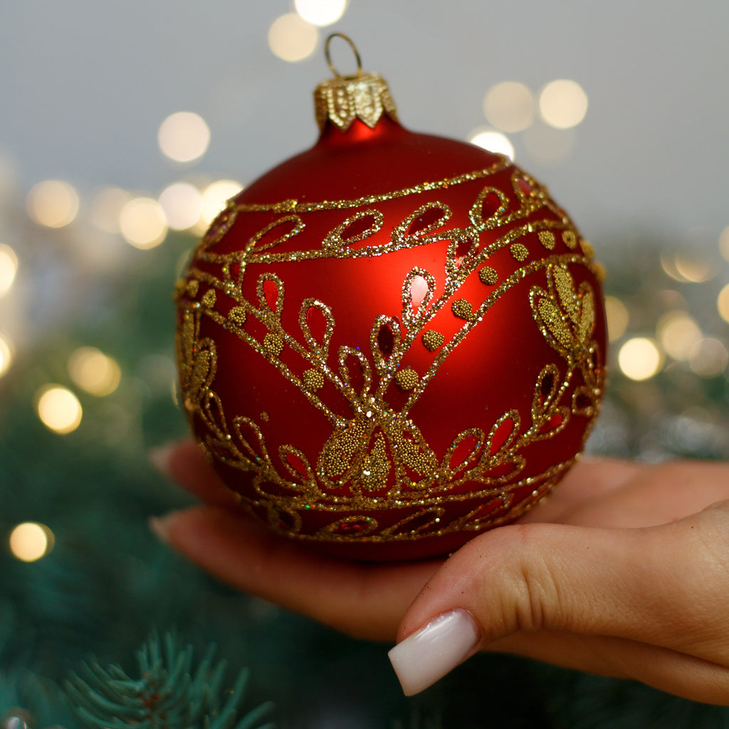 Red with gold glitter design Christmas glass ornament, Handmade Christmas ball, Collectible Christmas decor, home decoration, Christmas gift 2025 