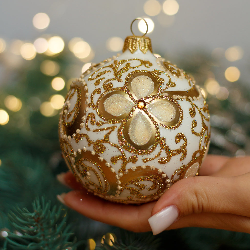 White with gold glitter design Christmas glass ornament, Handmade Christmas ball, Collectible Christmas decor, home decoration, Christmas gift 2025 