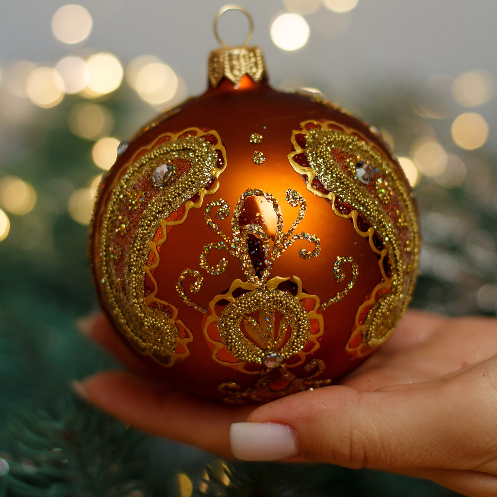 Bronze with gold glitter design Christmas glass ornament, Handmade Christmas ball, Collectible Christmas decor, home decoration, Christmas gift 2025
