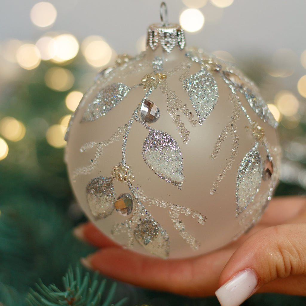Matt Beige with sparkling glitter design Christmas glass ornament, Handmade Christmas ball, Collectible Christmas decor, home decoration, Christmas gift 2025