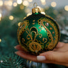 Green with gold glitter design Christmas glass ornament, Handmade Christmas ball, Collectible Christmas decor, home decoration, Christmas gift 2025
