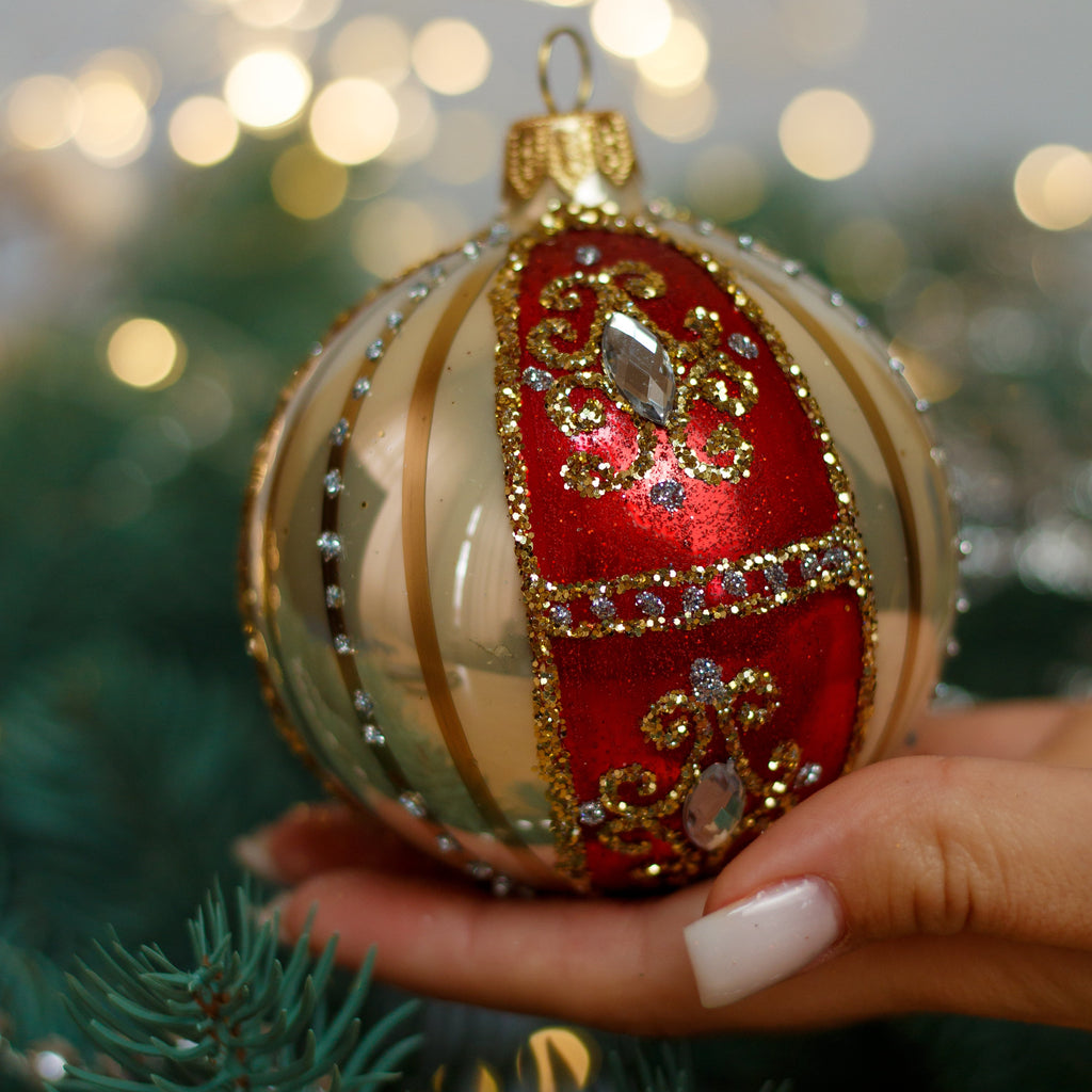 Red with gold glitter inspired design Christmas glass ornament, Handmade Christmas ball, Collectible Christmas decor, home decoration, Christmas gift 2025