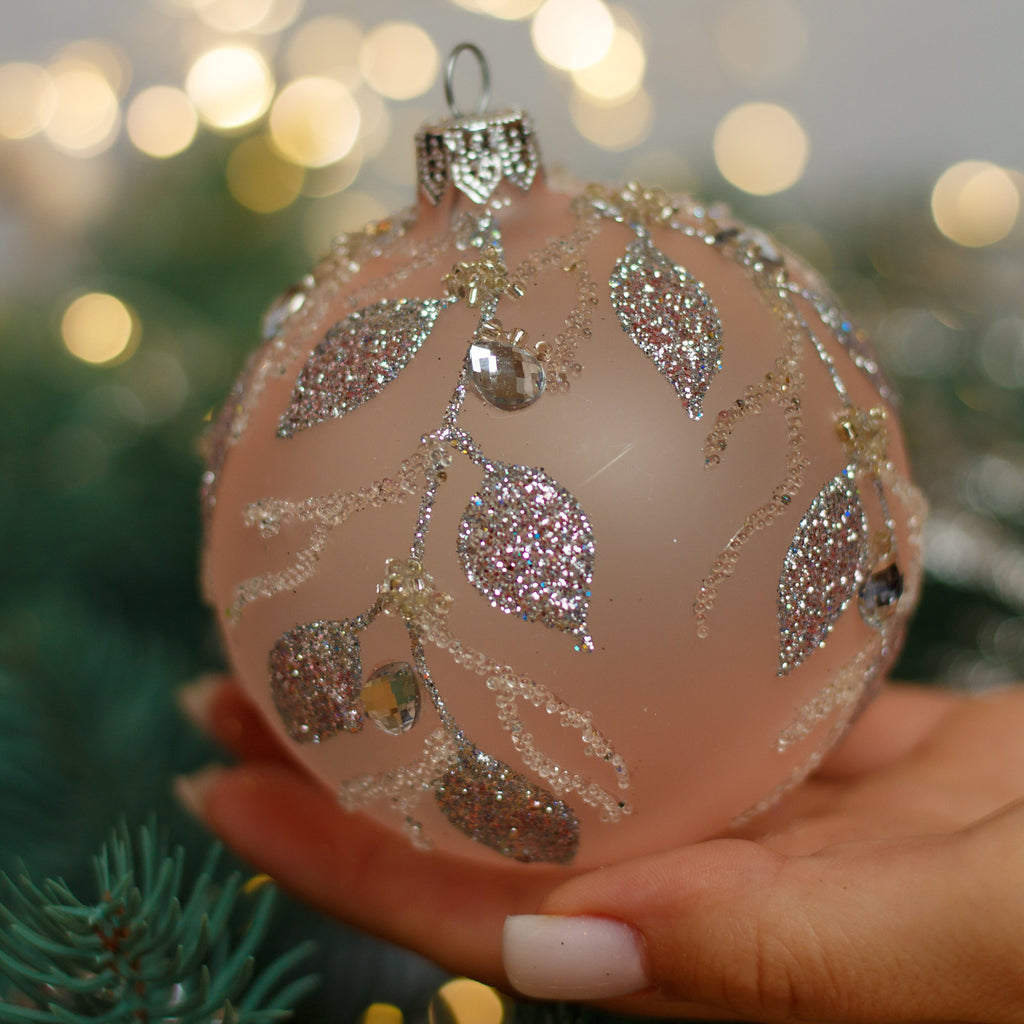 Matt Pink with sparkling glitter design Christmas glass ornament, Handmade Christmas ball, Collectible Christmas decor, home decoration, Christmas gift 2025