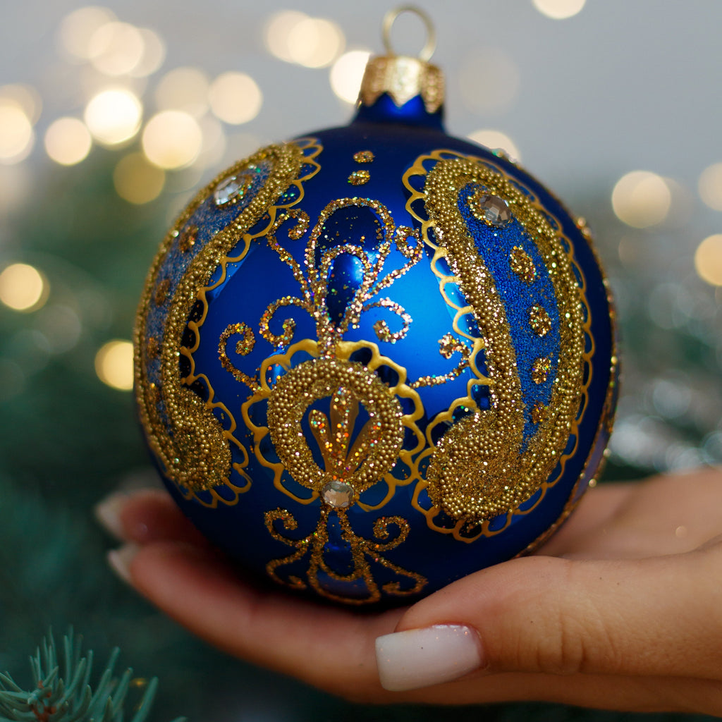 Blue with gold glitter design Christmas glass ornament, Handmade Christmas ball, Collectible Christmas decor, home decoration, Christmas gift 2025