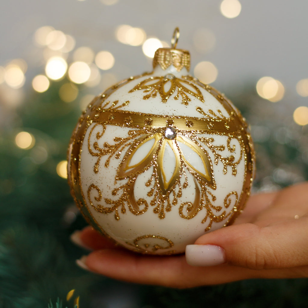 White with gold glitter design Christmas glass ornament, Handmade Christmas ball, Collectible Christmas decor, home decoration, Christmas gift 2025 (Copy) ChristmasboxStore