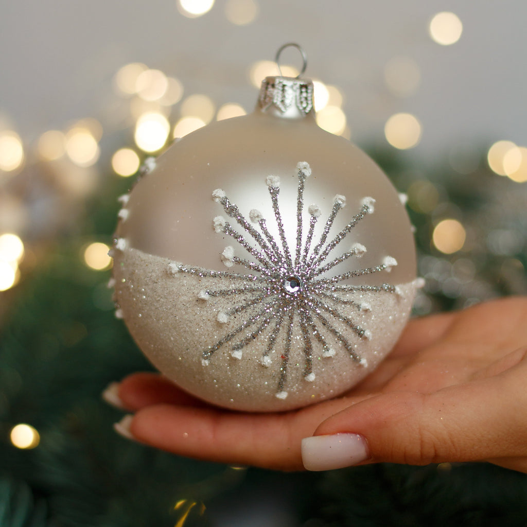 White with silver glitter design Christmas glass ornament, Handmade Christmas ball, Collectible Christmas decor, home decoration, Christmas gift 2025 